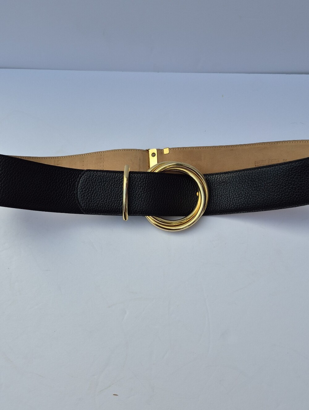 Roberto Dalpra Design Wide Black Pebble Leather Gold Double O-Ring Belt 36 / 90
